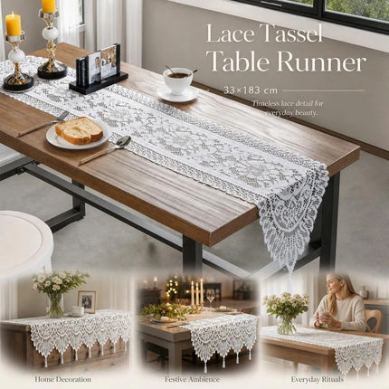 Long Lace Tassel Table Runner 33x183cm, White