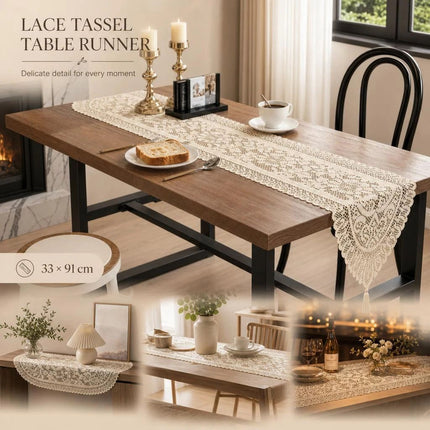 Lace Tassel Table Runner 33x91cm, Beige