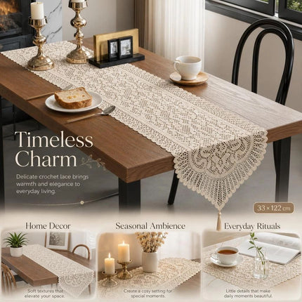 Fringe Lace Table Runner 33x122cm, Beige