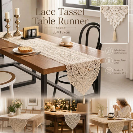 Decorative Lace Table Runner with Tassels 33x137cm, Beige