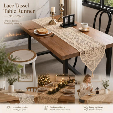 Extra Long Lace Tassel Table Runner 33x183cm, Beige