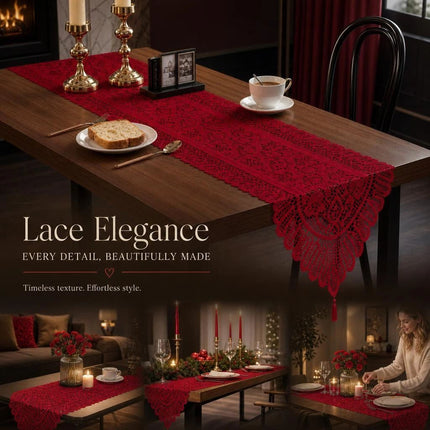 Lace Tassel Table Runner 33x91cm, Red