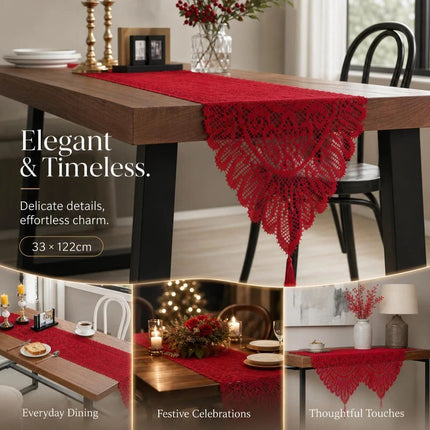 Fringe Lace Table Runner 33x122cm, Red