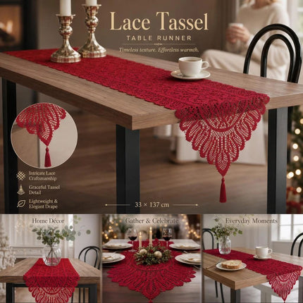 Decorative Lace Table Runner with Tassels 33x137cm, Red