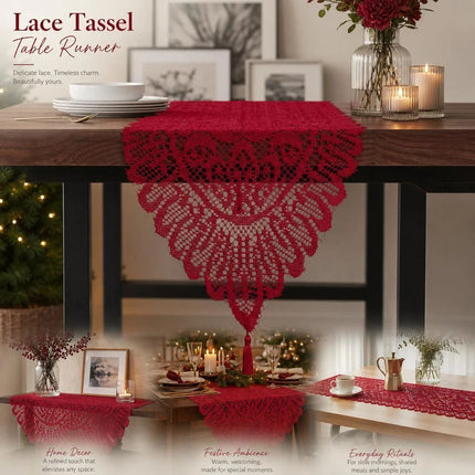 Long Lace Tassel Table Runner 33x183cm, Red