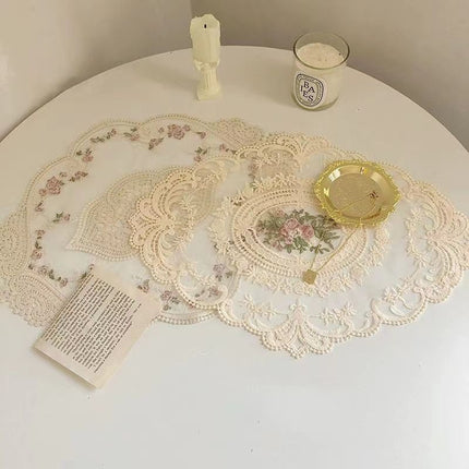Delicate Embroidery Mesh Pad 21x27cm Apricot, Warm Tone Nightstand Decor, Gentle Retro Tabletop Mat