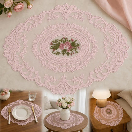 2 Pack Sweet Pink Embroidery Mesh Mats 29x38cm, Cute Dual Nightstand Decor, Pastel Retro Tabletop Kit