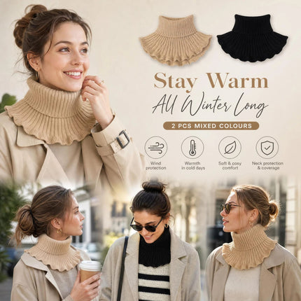 2-Pack Khaki & Black thick knit mock neck warmers, classic dual colour strong wind barrier twin kit