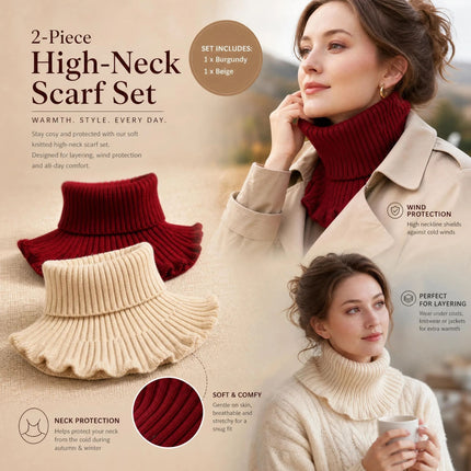 2-Pack Wine Red & Off White thick knit neck protector twin pack, gentle elegant chill defence dual neck cover