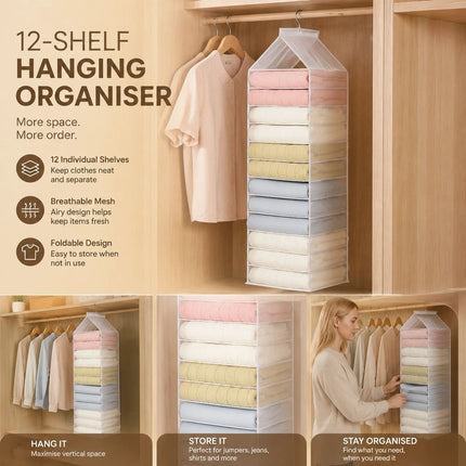 Extra Large PVC Hanging Layered Clothes Storage Caddy, 12 Compartment Wardrobe Divider, Snow White