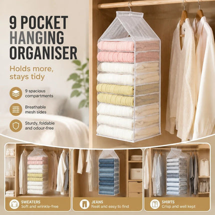 High Capacity PVC Wardrobe Hanging Sack, 9 individual compartments for organised pants storage, neutral Dusk Grey