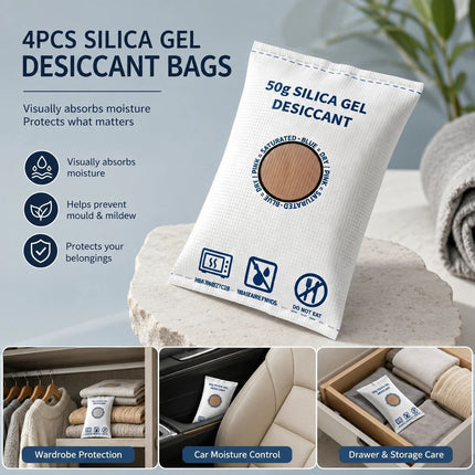 Cobalt Free White Flat Top Silica Gel Packs, Odourless Moisture Removing Sachets, 50g Four Pack