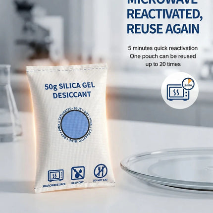 Cobalt Free White Flat Top Silica Gel Packs, Odourless Moisture Removing Sachets, 50g Four Pack