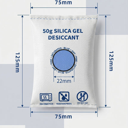Regular White Flat Mouth Silica Gel Desiccant Bags, Visible Humidity Control, 50g Quad Pack