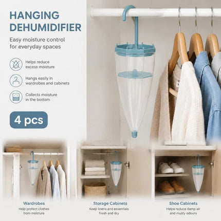 Quad Pack Blue Suspended Closet Moisture Absorbers, Ideal For Walk-In Robes, Constant Gentle Aroma To Keep Every Garment Section Dry