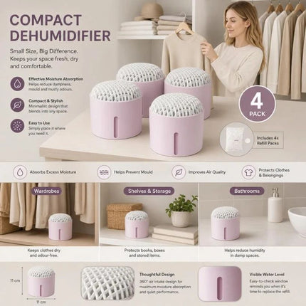 Quad Pack Purple Tabletop Anti-Humidity Containers, Multi-Cabinet Office & Bedroom Solution, Complete Desiccant & Fragrance Sheet Each