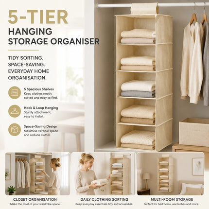 Cotton Linen Multi-Layer Hanging Storage Bag, 5 Tier