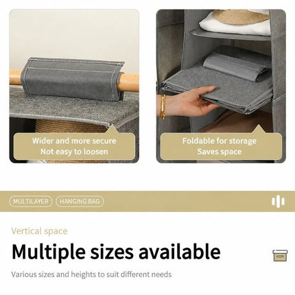 Cotton Linen Suspended Wardrobe Organiser, 3 Tier, Grey, Compact Apparel Storage