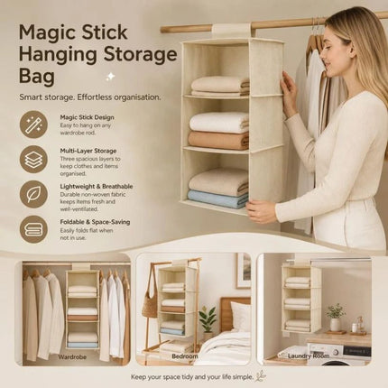 Cotton Linen Hanging Wardrobe Organiser, 3 Tier, Beige, Practical Robe Sorter