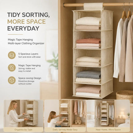 Cotton Linen Multi Layer Hanging Storage Bag, 5 Tier (Free Wardrobe)