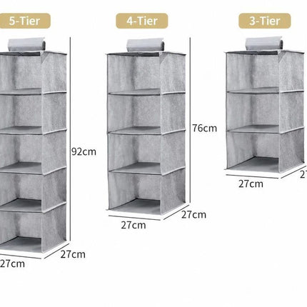 Cotton Linen Suspended Wardrobe Organiser, 3 Tier, Grey, Simple Daily Storage