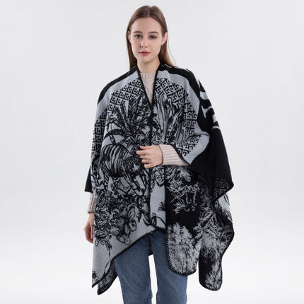 Fashion Style Cosy Knit Outfit Cape, Crafted With Faux Cashmere, Solid Black Shade
