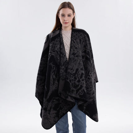 Trend Fashion Faux Cashmere Knit Wrap, Versatile Matching Shawl In Black Grey Tone