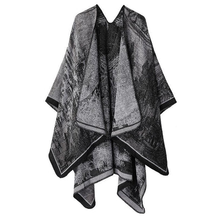 Comfort Knitted Faux Cashmere Poncho, Artistic Realistic Landscape Motif, Charcoal Grey