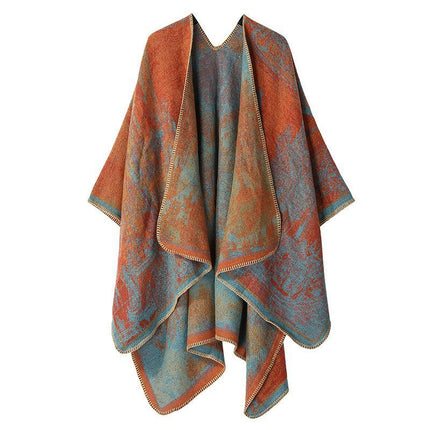 Light Faux Cashmere Layering Shawl, Unique Realistic Landscape Print, Orange Blue Mix