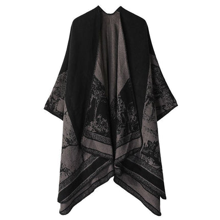 Relaxed Fit Faux Cashmere Outfit Shawl, Cute Forest Deer Motif, Muted Black Grey