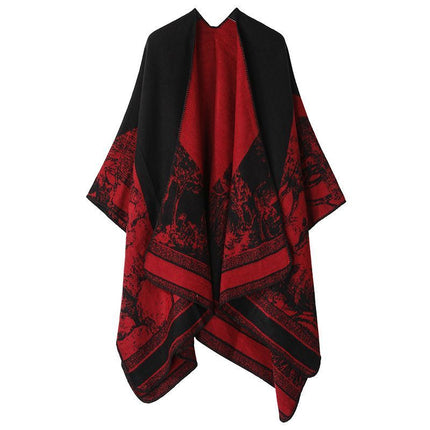 Thick Soft Knit Cape Poncho, Lovely Forest Deer Graphic, Eye-catching Black Red