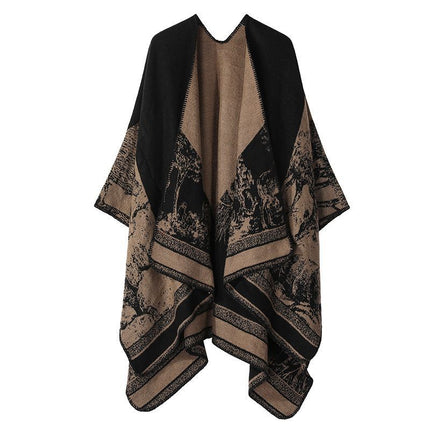 Versatile Layering Faux Cashmere Wrap, Subtle Forest Deer Print, Warm Black Camel