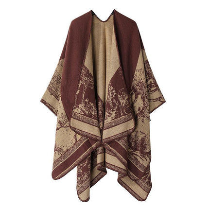 Cozy Daily Faux Cashmere Poncho, Classic Forest Deer Pattern, Deep Jujube Red
