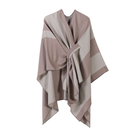 Gentle Daily Faux Cashmere Poncho, Slim Vertical Striped Edge Decor, Dusty Pink