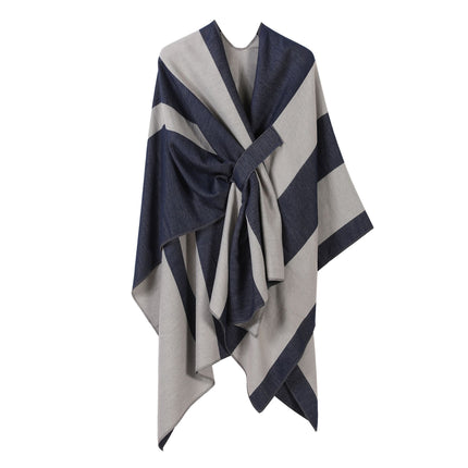 Elegant Knitted Poncho, Deep Tone Vertical Contrast Stripes, Navy