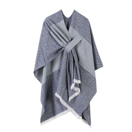 Fresh Styling Faux Cashmere Poncho, Clear Striped Trim Tie Dye Motif, Soft Blue