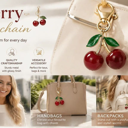 Elegant Red Cherry Bag Charm with double golden leaves, holding lovely little luck to accompany your trips out