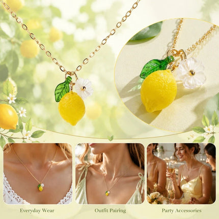 Refreshing Plant-themed Necklace, Transparent Lemon Matched With Single Flower And Leaf