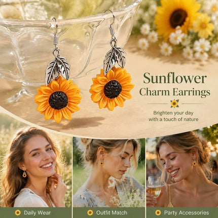 Fresh Botanical Drop Earrings, Sunflower Accent with Silver Leaves
