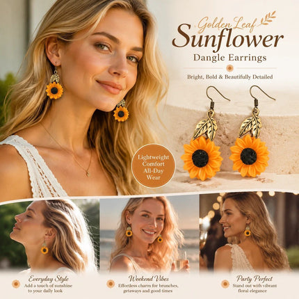 Delicate Fruit Dangle Earrings, Sunflower Design with Golden Leaves