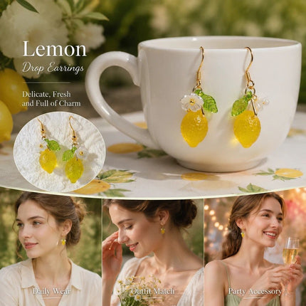 Lovely Plant Hook Earrings, 2 Clear Lemon Ornaments Single Flower Leaf