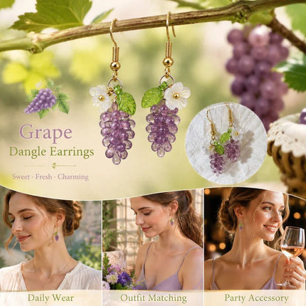 Gentle Fruit Hook Earrings, Clear Purple Grape with Single Flower Leaf