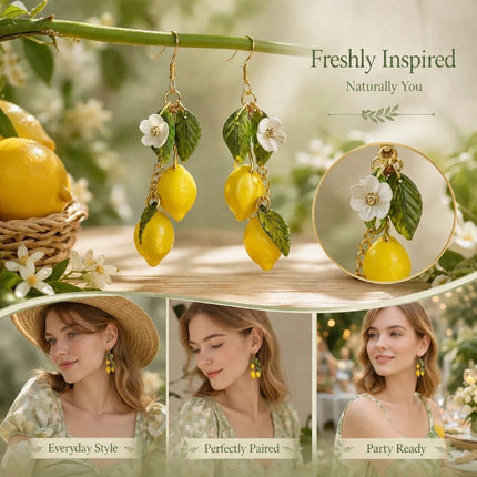 Vivid Fruit Hook Earrings, Double Lemons Three Leaves Single Flower