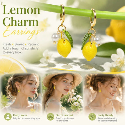 Minimal Hoop Drop Earrings, Lemon with Single Pearl and Leaf Detail