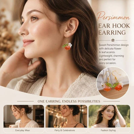 Soft Harvest Hook Earrings, Transparent Persimmon Single Flower Leaf