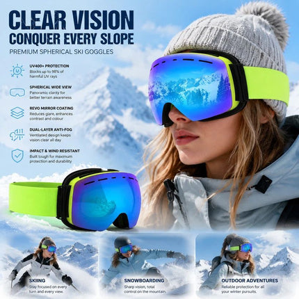 Thoughtful Gift Anti-Fog Ski Goggles, Fluorescent Green Frame