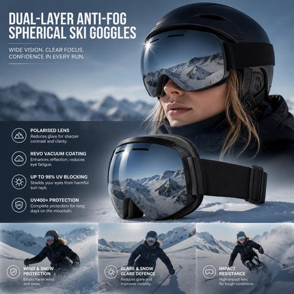 Heartwarming Windproof Ski Goggles, Black Frame (Red Strap)