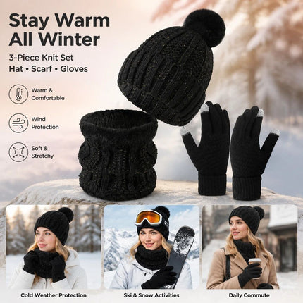 Thoughtful Ski Trip Gift Fleece Lined Thick Knit Hat 3 Pack Black