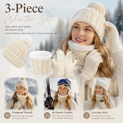 Lovely Winter Ski Present Insulated Knitted Hat 3 Piece Set White