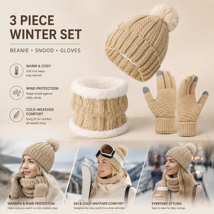 Warm Holiday Ski Essential Plush Lined Knitted Hat 3 Set Beige